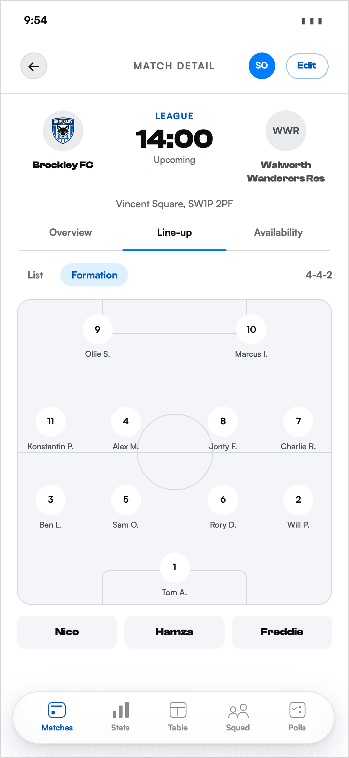 Dugout match formation screen